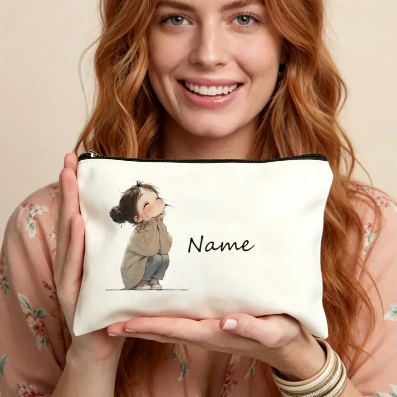 pochette de maquillage personnalisée avec imprimé de fille de dessin animé mignon, sac cosmétique de voyage, étui à fermeture éclair pour le rangement des rouges à lèvres, étui à crayons, sac à maquillage, cadeau pour femmes
