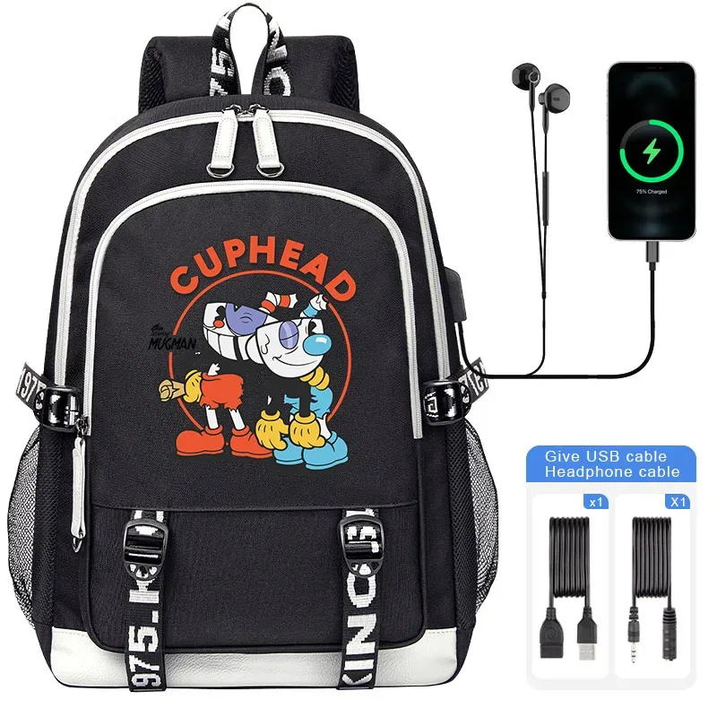 cuphead mugman sacs d'école pour adolescent usb charge sac à dos pour ordinateur portable garçons filles étudiant livre sac mochila sac de voyage