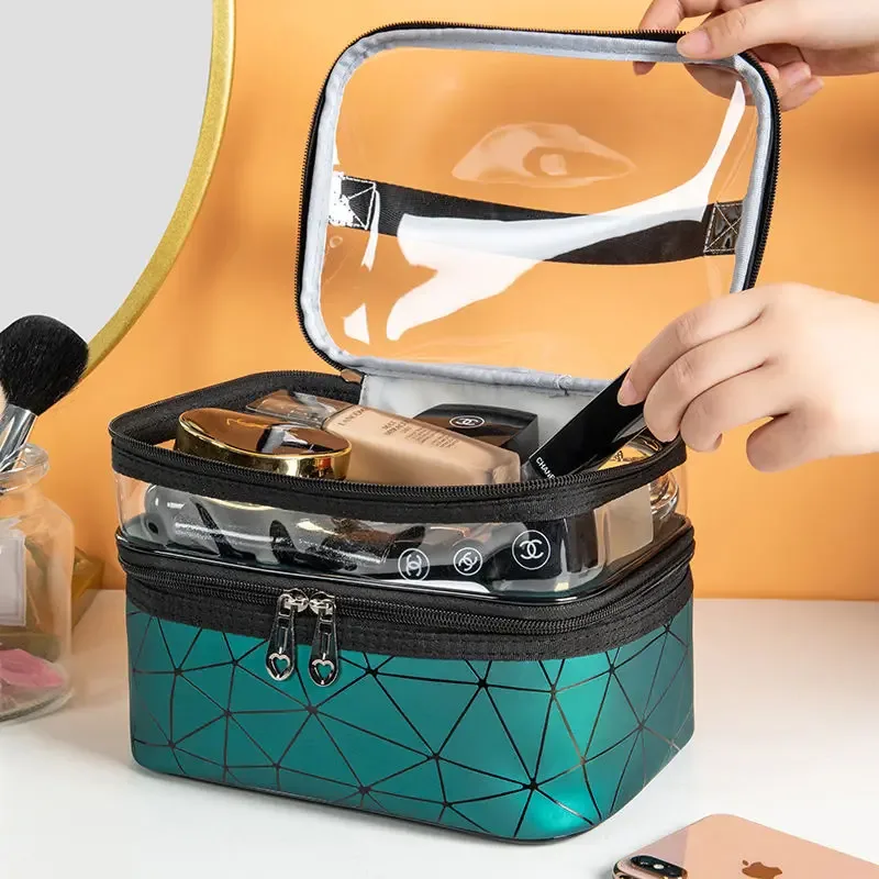 sac à cosmétiques imperméable en pvc pour femmes, sac à main portable de voyage en cuir pour articles de toilette, rangement, trousse de maquillage, sac à main transparent