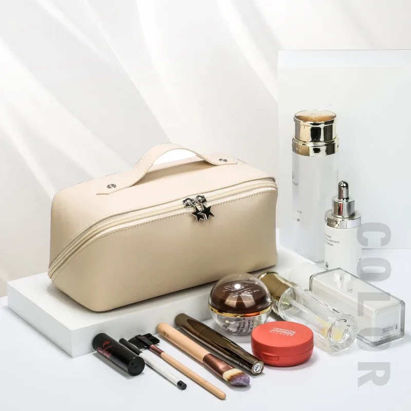 Sac à cosmétiques de voyage de grande capacité pour femme, trousse de toilette multifonction, sac à main étanche, portable, poudres de maquillage en cuir