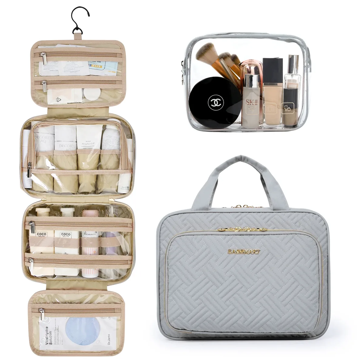 bagsmart 2 pièces multifonction grande capacité portable sac cosmétique pochette de maquillage fourre-tout organisateur de voyage stockage femmes trousse de toilette