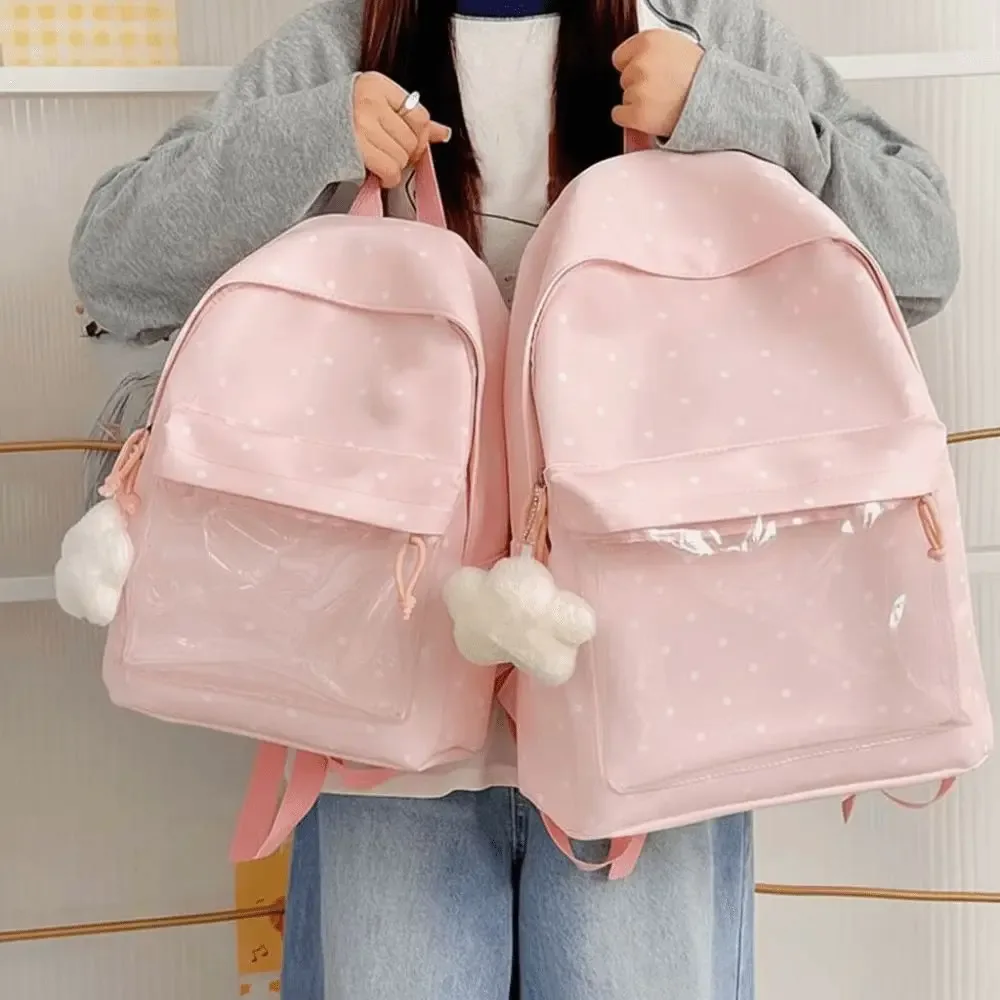 sac ita de style japonais avec fenêtre transparente, grande capacité, sac à dos transparent, doublure en polyester, léger, motif à pois.