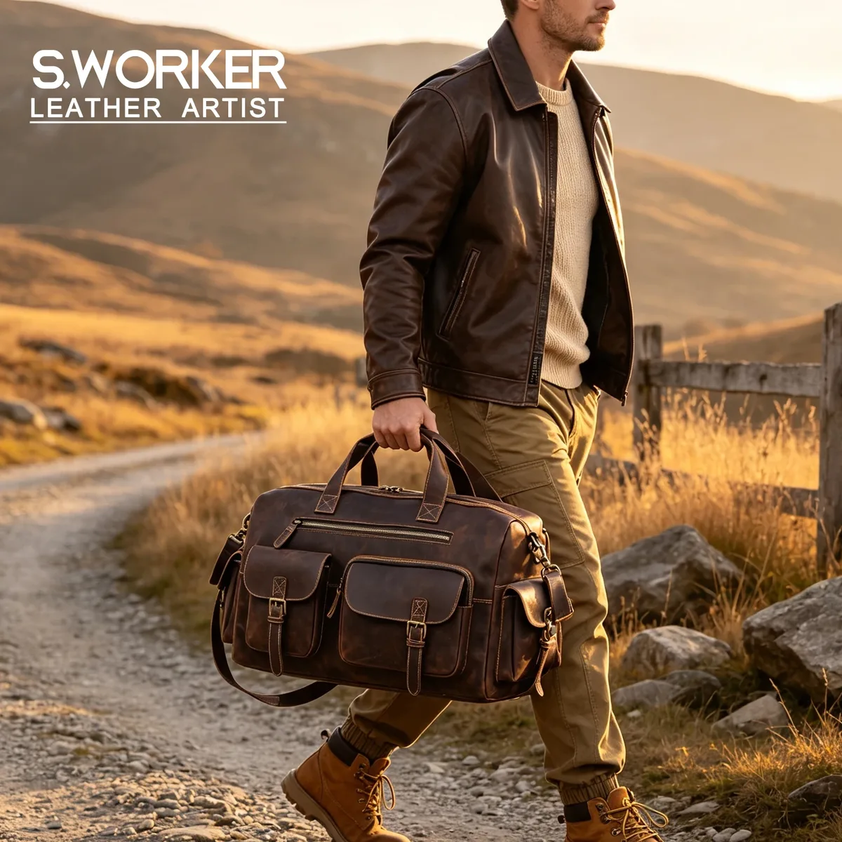 Sac de voyage vintage S.WORKER en cuir de vachette pleine fleur, grande capacité, bagage à main, sac de week-end en cuir véritable