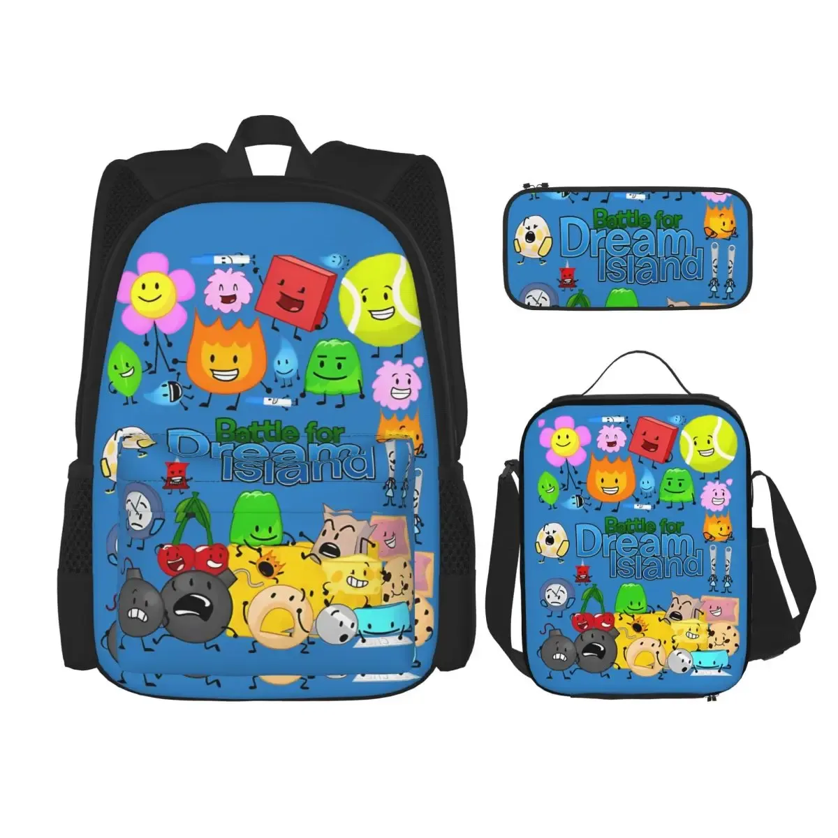 bfdi bfb et tpot bataille pour dream island dessin animé 3pecs/ensemble sac à dos pour adolescent ordinateur portable sac à bandoulière sac à déjeuner trousse à crayons