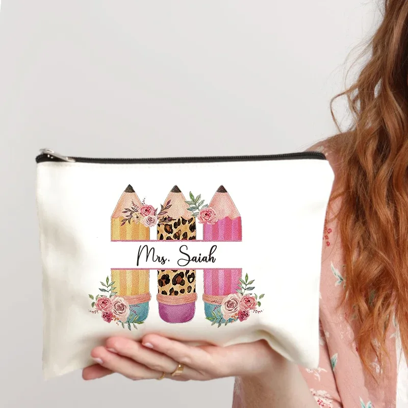 trousse de maquillage personnalisée pour enseignant, crayon, étui à cosmétiques, cadeau de remerciement pour enseignant, poudres de toilette pour femme