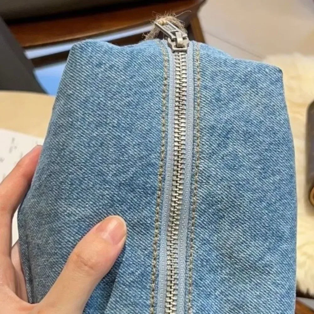 sac de maquillage en denim bleu de couleur unie, organisateur de voyage de style coréen, sacs à cosmétiques en jean, sac à crayons rectangulaire vintage pour étudiant