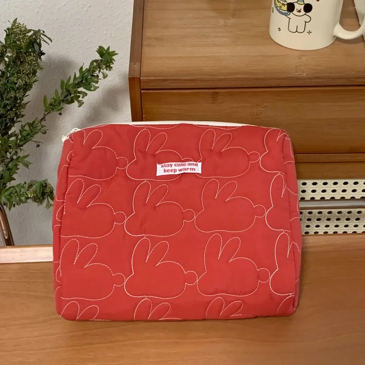 ins – sacs de maquillage à fermeture éclair de grande capacité, étuis à cosmétiques en coton matelassé lapin, pochette de rangement de voyage mignonne, organisateur pour femmes, sac à main