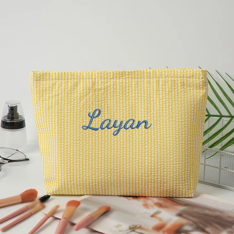 sac de maquillage rayé en gaze bulle, personnalisable avec broderie ou style standard (2 options), pochette de rangement, saison rentrée scolaire