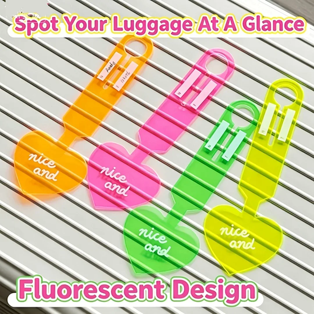 4 étiquettes à bagages en forme de cœur fluorescent, 4 couleurs assorties, étiquettes à bagages en pvc, facile à identifier pour valise de voyage.