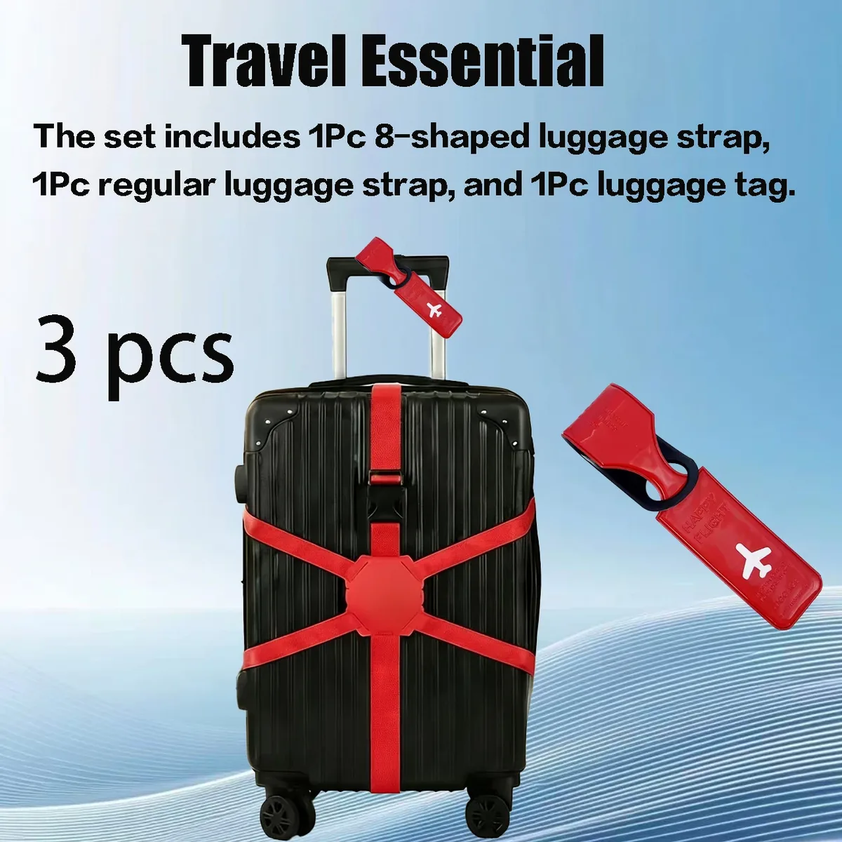 ensemble de 3 pièces (2 sangles de bagage et 1 étiquette de bagage) sangles de fixation pour bagages en forme de 8, adaptées aux valises, cordon élastique antidérapant, sangles de fixation, étiquettes d'embarquement, étiquettes d'identification anti-perte