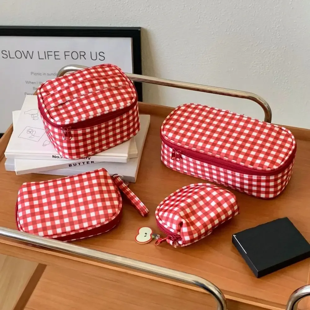 sac de maquillage portable en tissu oxford à carreaux rouges, sac cosmétique multifonctionnel de grande capacité en nylon, trousse de toilette étanche pour voyage