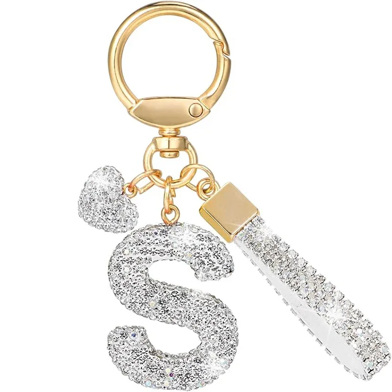 porte-clés avec lettres blanches brillantes, alphabet a-z pour porte-clés de voiture/sac à dos et cadeau avec lanière ajoutée