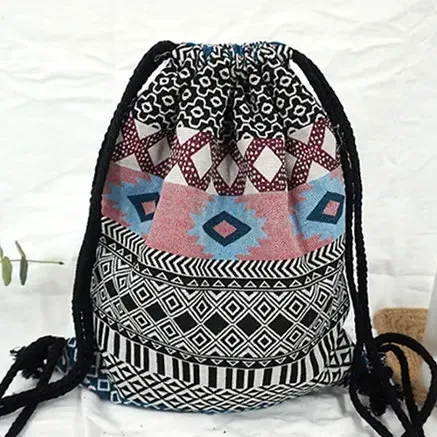 sac à dos en tissu pour femme 2026, style bohème chic, ethnique, tribal, ibiza, gypsy, aztec, doux, marron, avec cordon de serrage