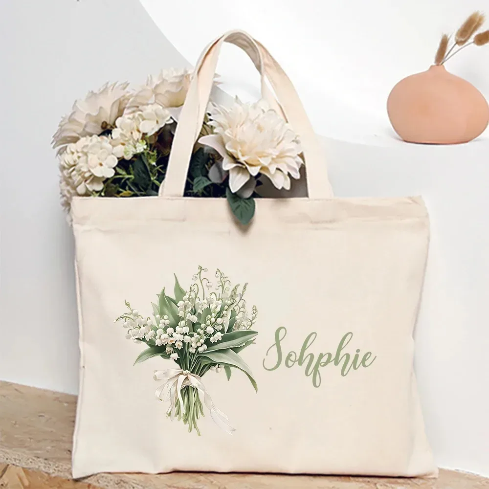 sac à bandoulière personnalisé avec fleur du mois de naissance et nom, sac fourre-tout en toile monogramme, idéal pour mariage, anniversaire, fête, meilleur cadeau pour elle
