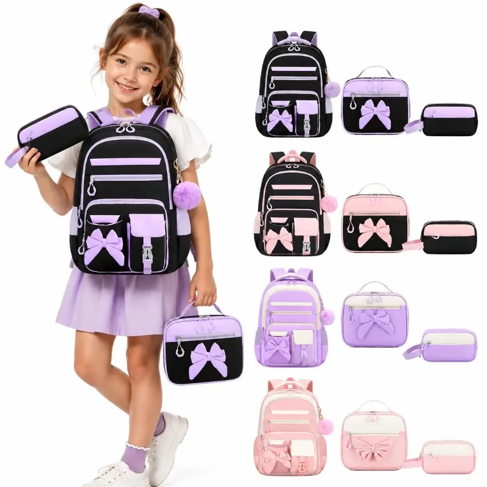 Ensemble de 3 sacs à dos de dessin animé, sac à lunch, trousse à crayons, grande capacité, imperméable, nœud papillon, ensemble de sacs d'école en tissu Oxford léger