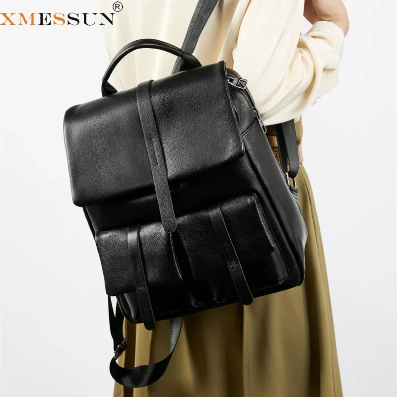 Sac à dos en cuir véritable de haute qualité pour hommes, sac d'étudiant, sac à dos quotidien pour homme, grand sac à dos noir