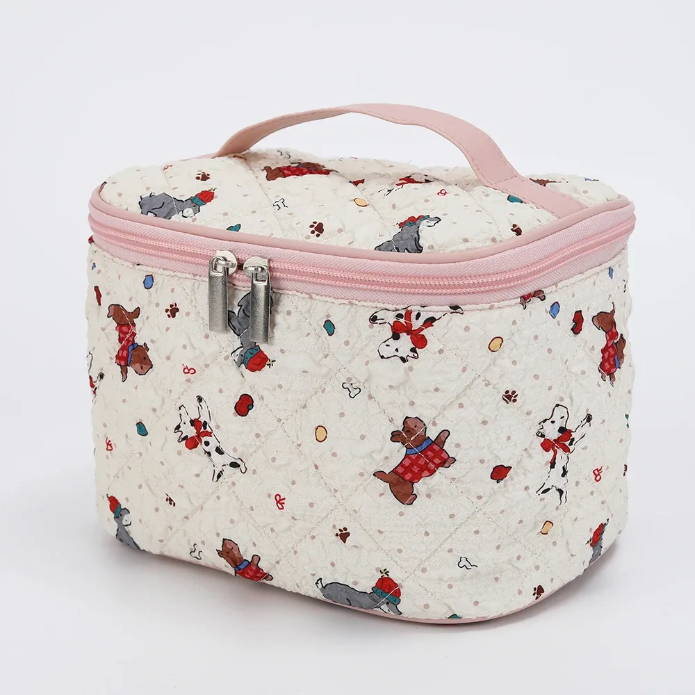 trousse de maquillage mignonne, nouveau style à carreaux avec chat, rangement portable à compartiments, grande capacité pour les voyages et les articles de toilette à porter à la main