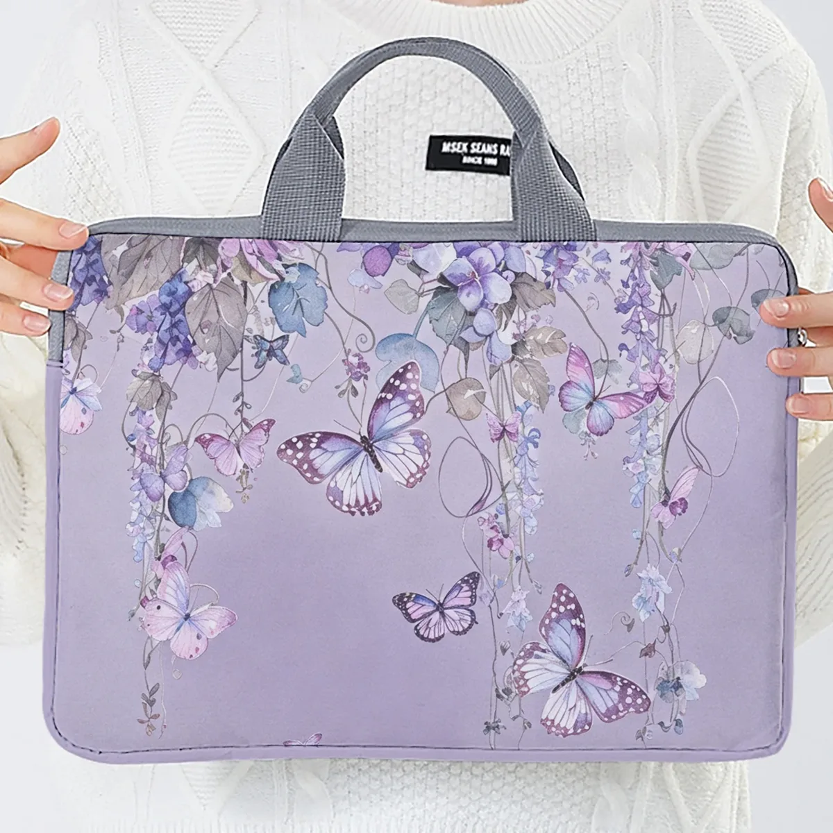 ensemble unique, deux styles, sacoche pour ordinateur portable et porte-documents motif papillon violet, convient aux ordinateurs portables de 14 pouces.