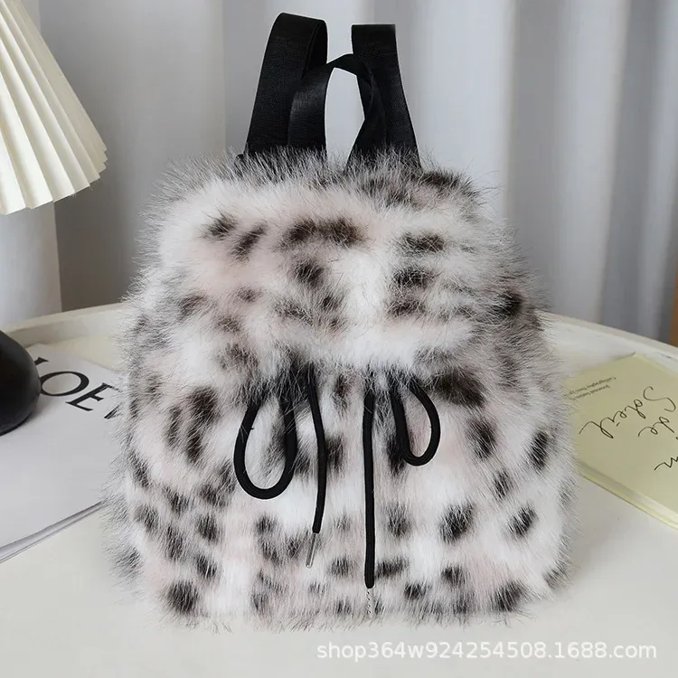 y2k sac à dos en peluche femmes petit mignon cordon léopard moelleux sac solide doux polaire sac à dos hiver chaud fausse fourrure mini sac à dos