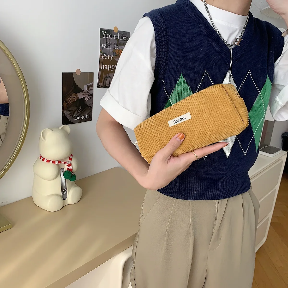 sac à stylos rétro en velours côtelé de couleur unie, boîte à crayons pour étudiants, pochette à crayons, sacs à cosmétiques pour femmes, sac de maquillage, sac de rangement pour clés et rouges à lèvres