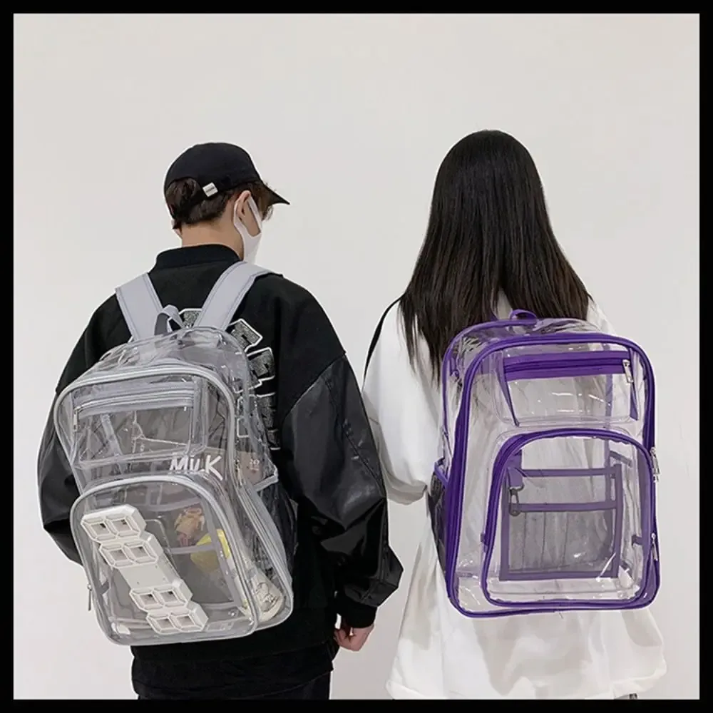 sac à dos décontracté en pvc transparent, grande capacité, multi-poches, pour étudiant, transparent, étanche, pour l'école