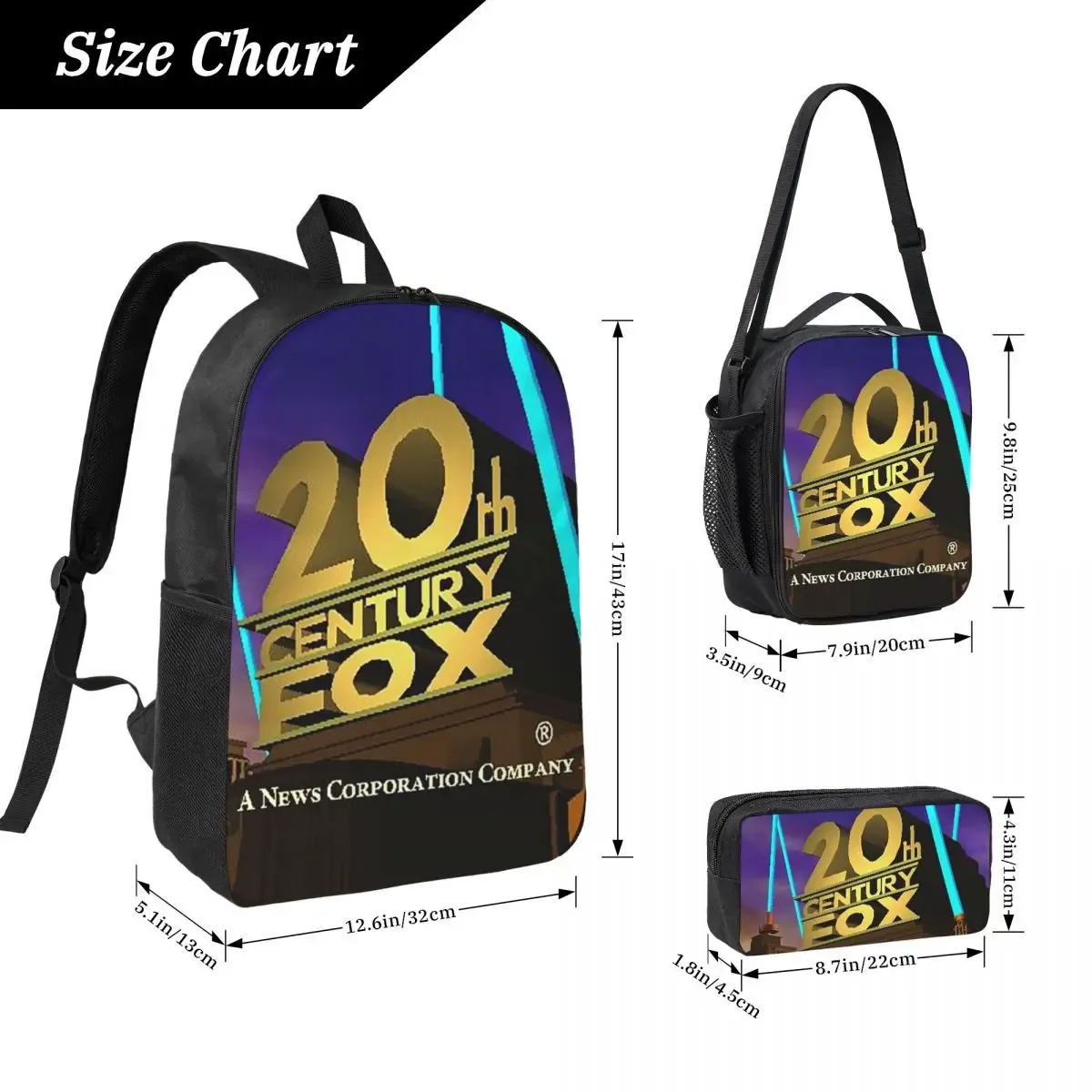 Sac à dos classique 20th Century Fox pour garçons et filles, sac d'école, sac à bandoulière pour ordinateur portable, sac à déjeuner isotherme, trousse à crayons, 3 pièces