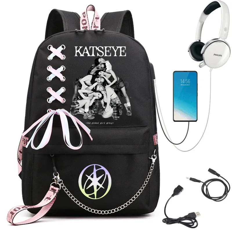 sac à dos d'école graphique katseye pour filles, sacs d'école pour adolescents avec port usb, sac pour ordinateur portable y2k pour femmes, sac à dos katseye pour étudiants