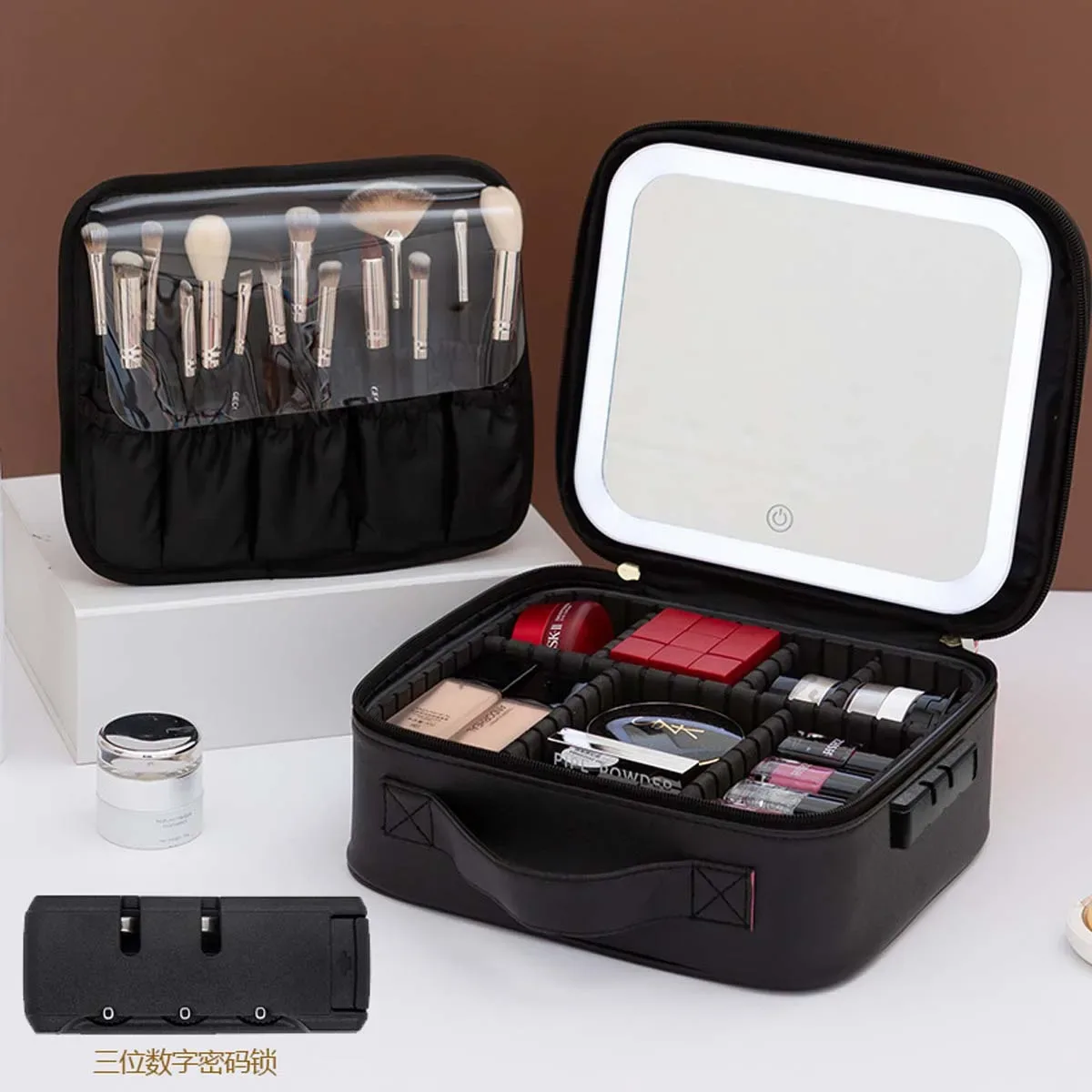 trousse de maquillage de voyage à lumière led avec miroir, grande capacité, sac de rangement avancé, étui de rangement portable, serrure à combinaison