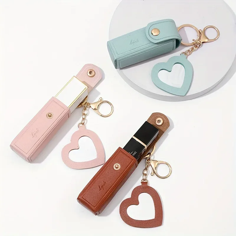 1 pièce pochette portable en cuir pu pour rouge à lèvres, mini trousse de maquillage, étui pour baume à lèvres, porte-clés, étui de protection pour rouges à lèvres avec miroir