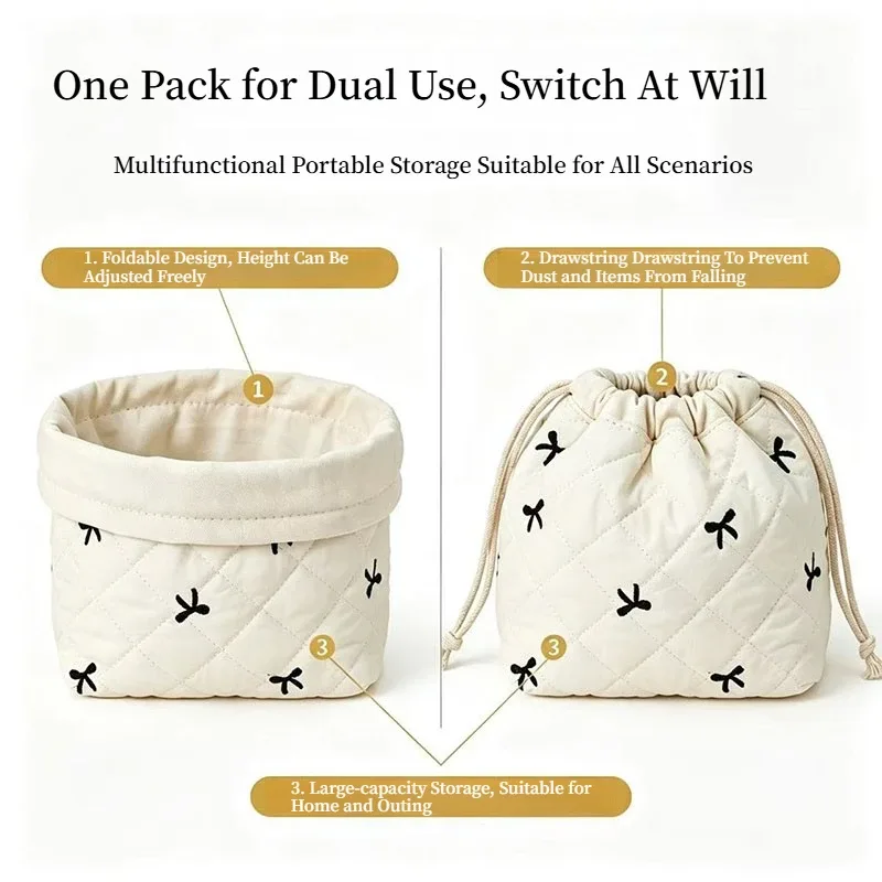 pochette de maquillage matelassée à cordon de serrage avec broderie en forme d'arc, grande capacité, pochette cosmétique en losanges, organisateur de rangement portable pour voyage, usage quotidien