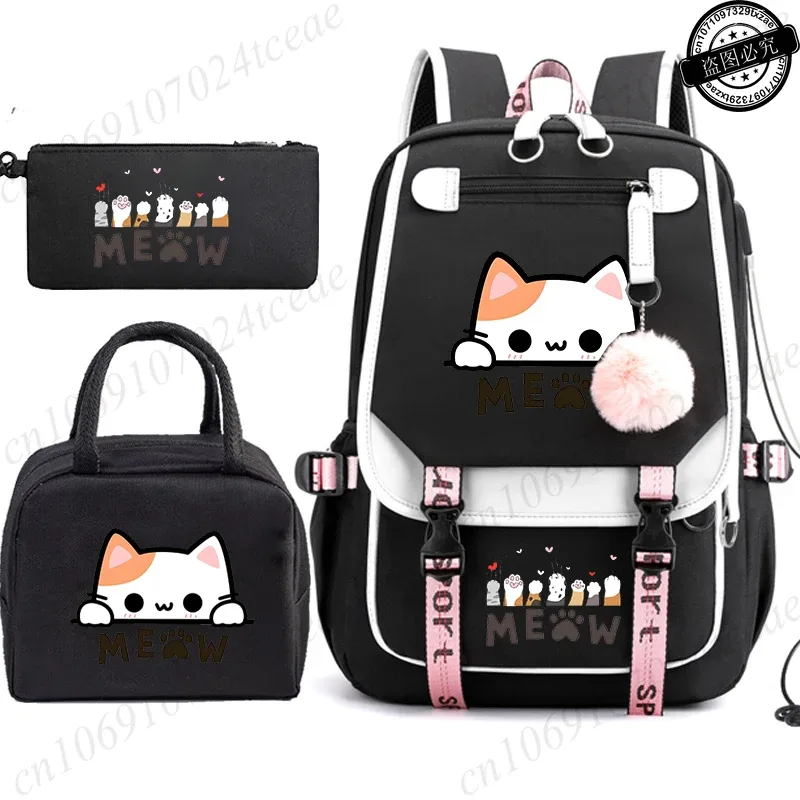 sac à dos scolaire pour adolescents, sac à dos quotidien pour étudiants, sac à dos pour filles, sac à dos scolaire à motif de chat noir, avec sac à lunch et trousse à crayons, 3 pièces/ensemble