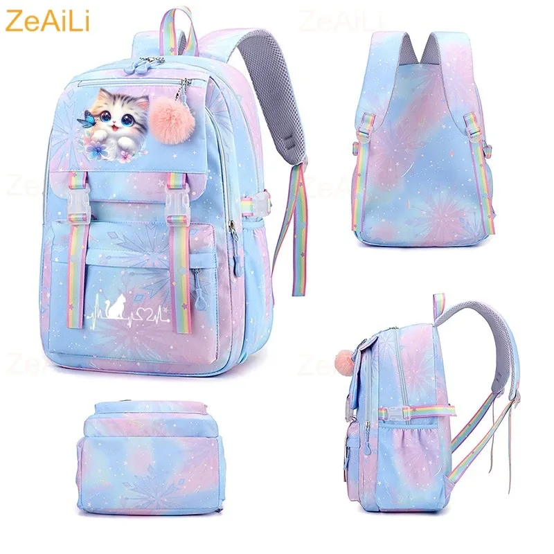 sac à dos scolaire pour enfants, adolescents, filles et garçons, motif chat mignon, fleur, papillon, sac à dos pour femmes, sac à livres