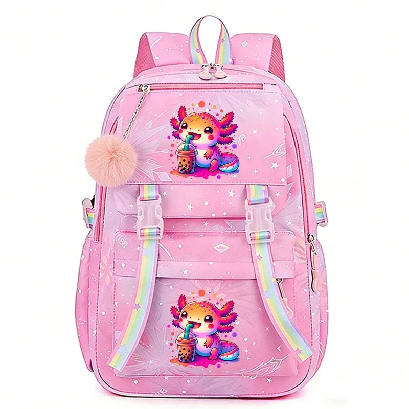 sac à dos imprimé rainbow axolotl boba, grand sac à dos léger, sac d'école mignon de dessin animé pour filles, sac à dos décontracté pour voyage et trajets quotidiens