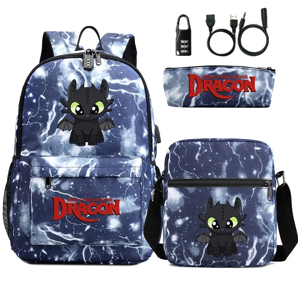 comment entraîner votre dragon 3 pièces usb antivol serrure garçon fille enfants retour à l'école livre sacs voyage sac à dos sac à bandoulière sacs à stylos