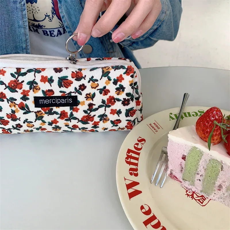 trousse à crayons en velours côtelé, joli sac de rangement portable de voyage pour rouge à lèvres cosmétique, stylo de papeterie, sac de maquillage, organisateur de sac à main
