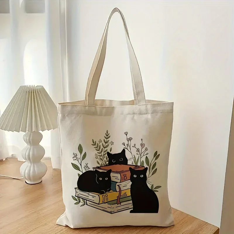Sac à main en toile à motif floral Black Cat Book, sac à provisions double face, grand sac fourre-tout pour femmes, sac de shopping pliable