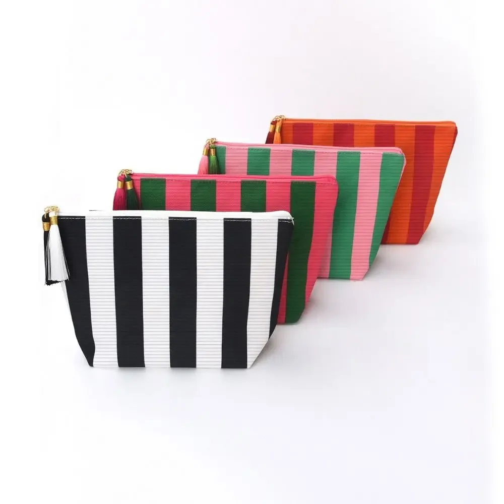 sac de maquillage portable en velours côtelé, grande capacité, motif rayé, trousse de toilette, sac de rangement, pour voyage