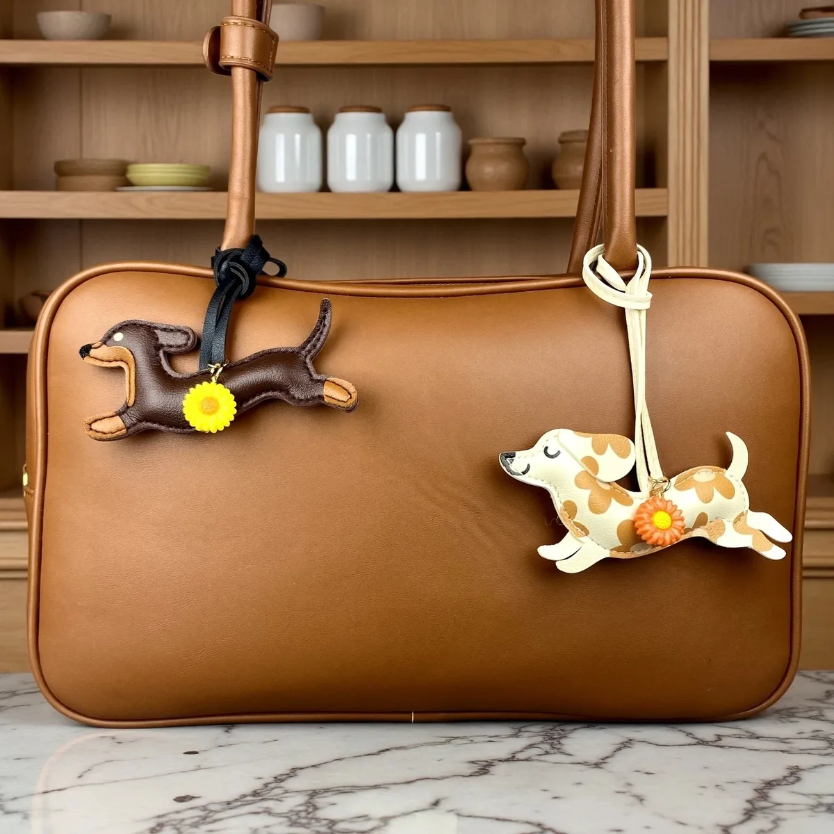 porte-clés teckel en similicuir, breloque pour sac en forme de chiot avec fleur de marguerite - accessoires pour sac à main et sac à dos, cadeau pour les amoureux des chiens