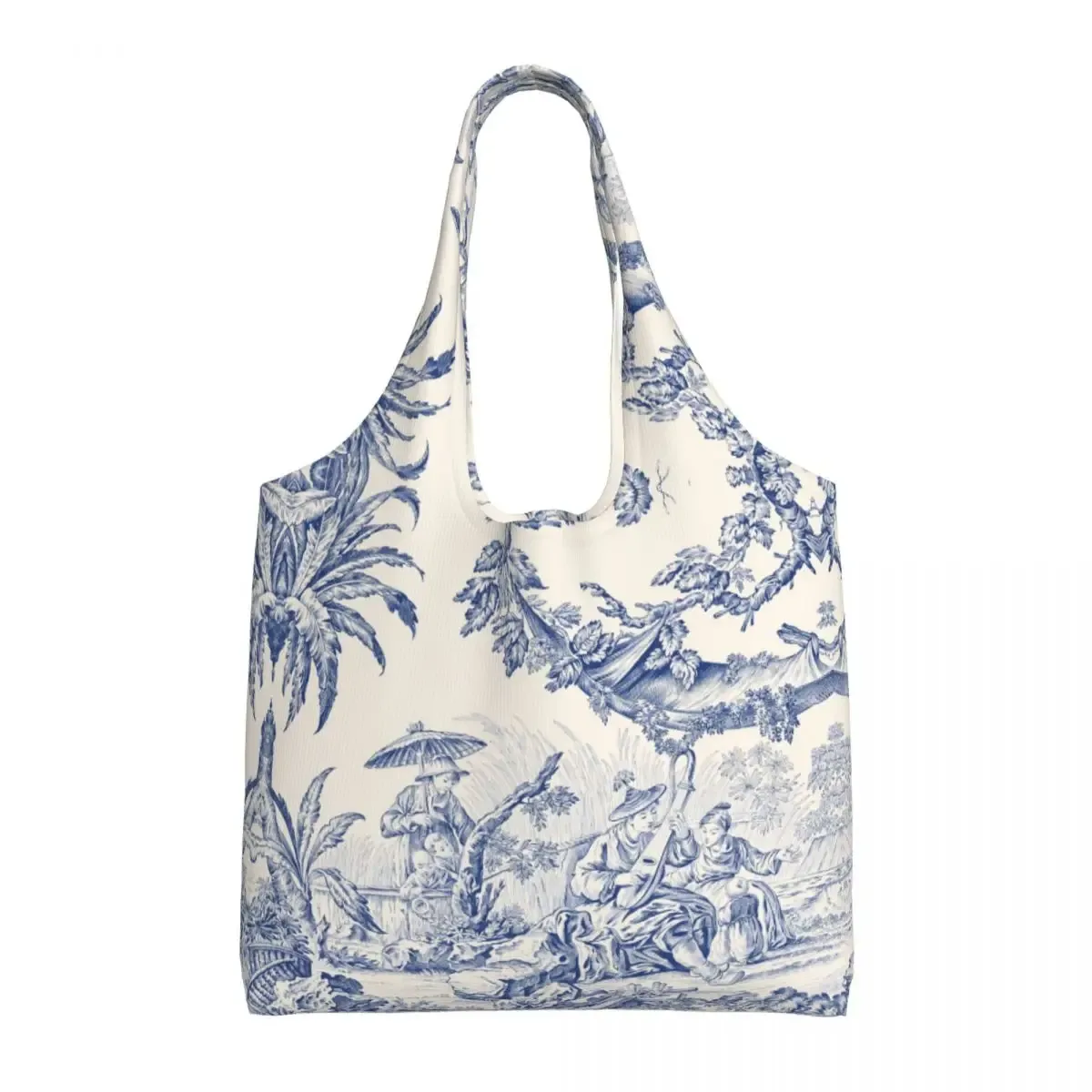 toile de jouy française classique vintage personnalisée, fourre-tout à motif bleu marine, fourre-tout de shopping en toile réutilisable, sac à bandoulière