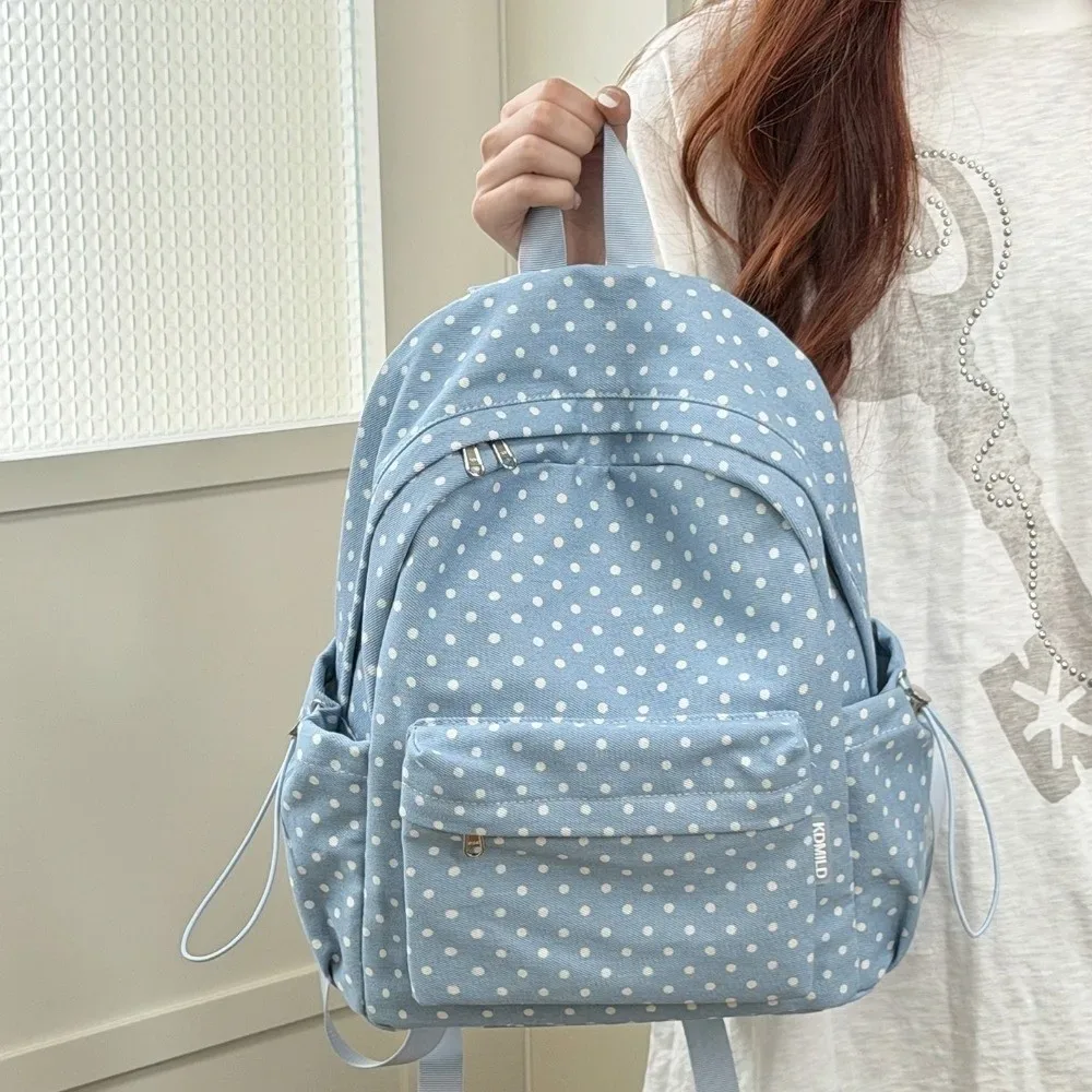 Sac à dos scolaire à motif à pois tendance, grande capacité, sac de voyage décontracté, léger et minimaliste pour femmes
