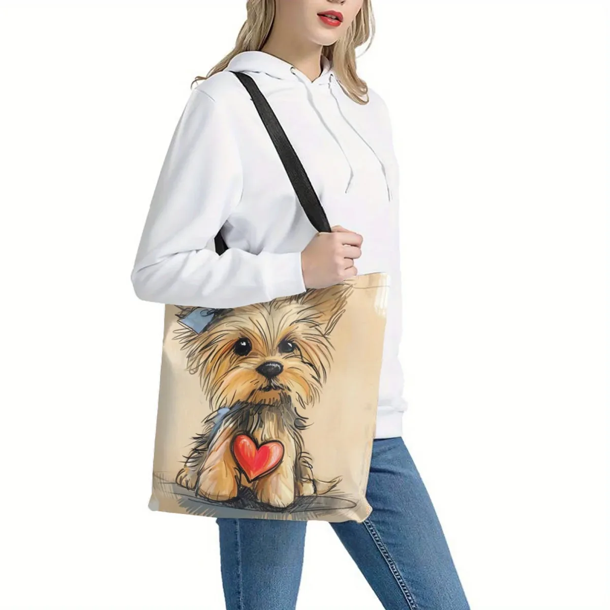 1pc adorable sac fourre-tout imprimé chien yorkshire thème animal polyester sac à bandoulière de shopping réut