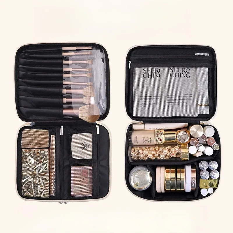 grande trousse de maquillage en cuir pu pour femmes, organisateur de cosmétiques à plusieurs compartiments, sac de rangement imperméable pour pinceaux de maquillage.