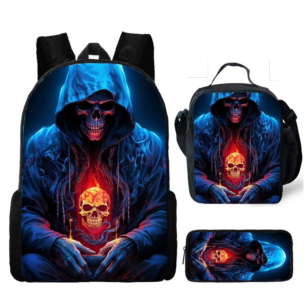 vente chaude crâne sac à dos trois pièces ensemble imprimé école primaire et secondaire sac à dos repas sac porte-crayon