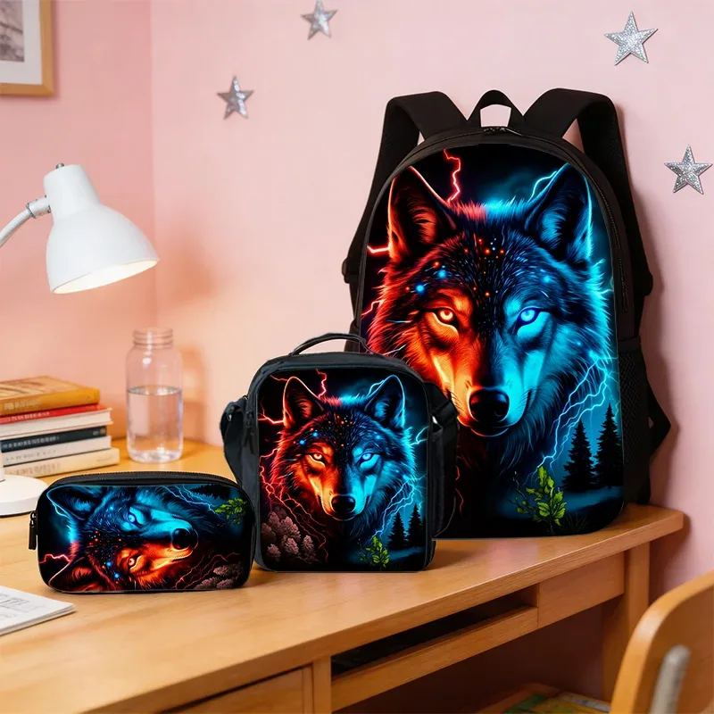 ensemble de 3 sacs à dos à motif loup, légers, grande capacité, sac d'école, sac de voyage avec sac à bandoulière, sacs à crayons, cadeau parfait pour les enfants
