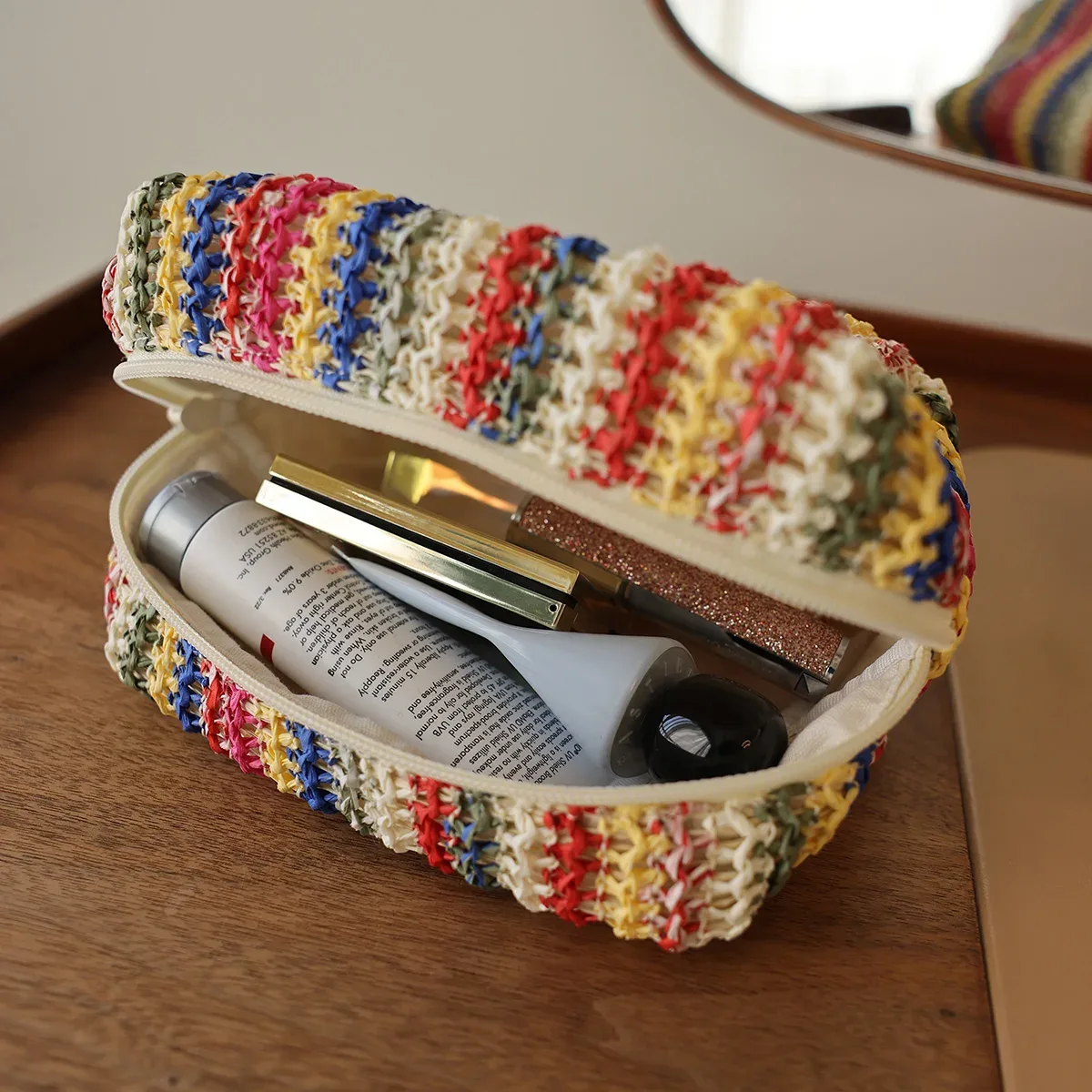 sac à cosmétiques tricoté coloré, sac à main de voyage, pochette de toilette, organisateur de cosmétiques et de soins de la peau pour femmes, sac en déplacement