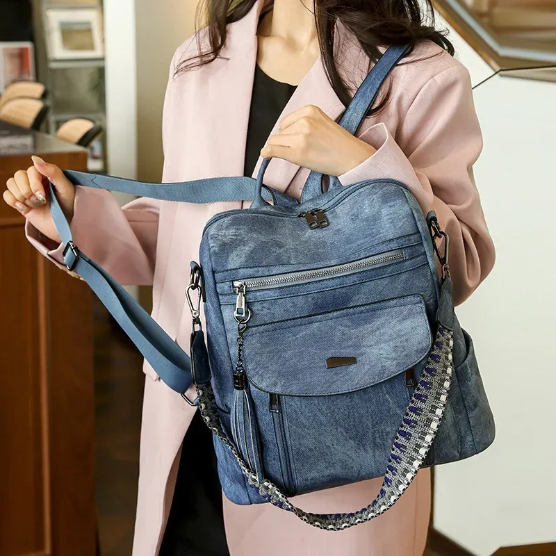 sac à dos en cuir pu pour femmes, étanche, antivol, grande capacité, détail pompon, rétro, voyage, affaires, collège, sac à bandoulière, 2025