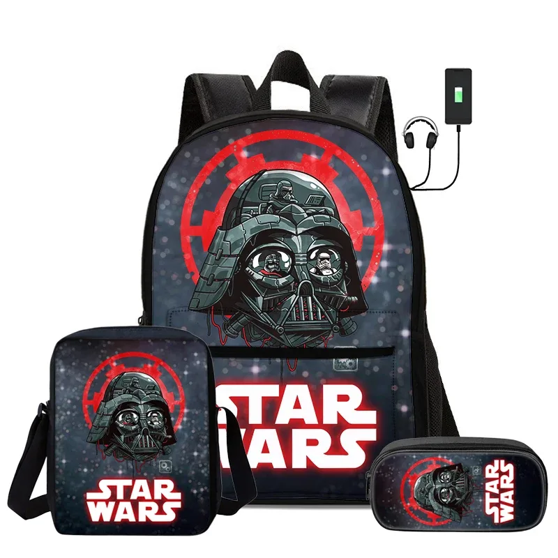 Ensemble de 3 pièces Star Wars Movie, sac à dos d'école pour enfant avec interface USB, sac à bandoulière, sac à crayons, sac à dos