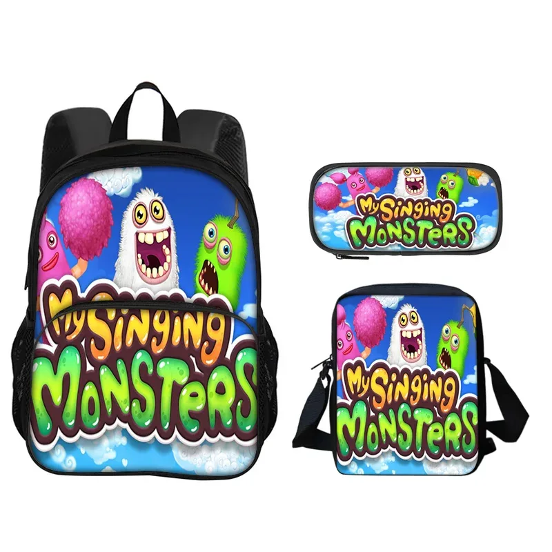 sac à dos my singing monsters, sac à stylos, sac à bandoulière, ensemble de 3 pièces imprimé pour garçons et filles de maternelle et d'école primaire