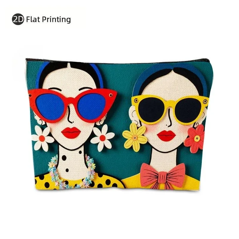 trousse de maquillage pour femmes, 1 pièce, avec fermeture à glissière, pochette avec visage de dessin animé mignon, fond sarcelle et accents floraux rouge/bleu/jaune