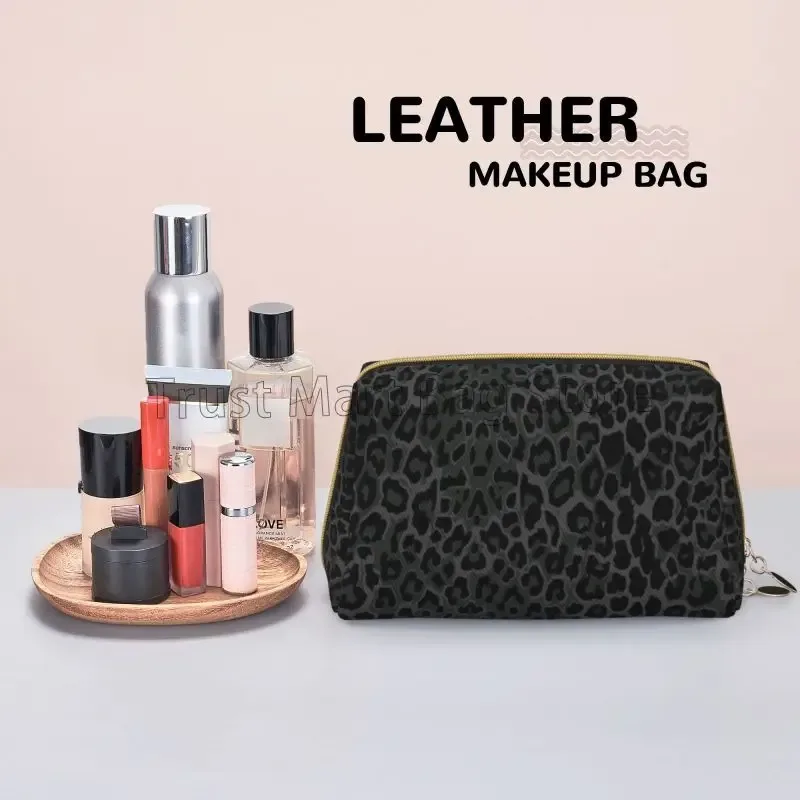 sacs de maquillage en cuir imprimé léopard noir, pochette de rangement de voyage de grande capacité, trousse de toilette portable pour femmes, organisateur de cosmétiques
